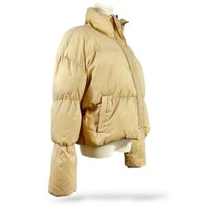 Boohoo Puffer Jacket Wms 8 Crop Padded Quilted Insulated Funnel Neck Stone‎ EUC